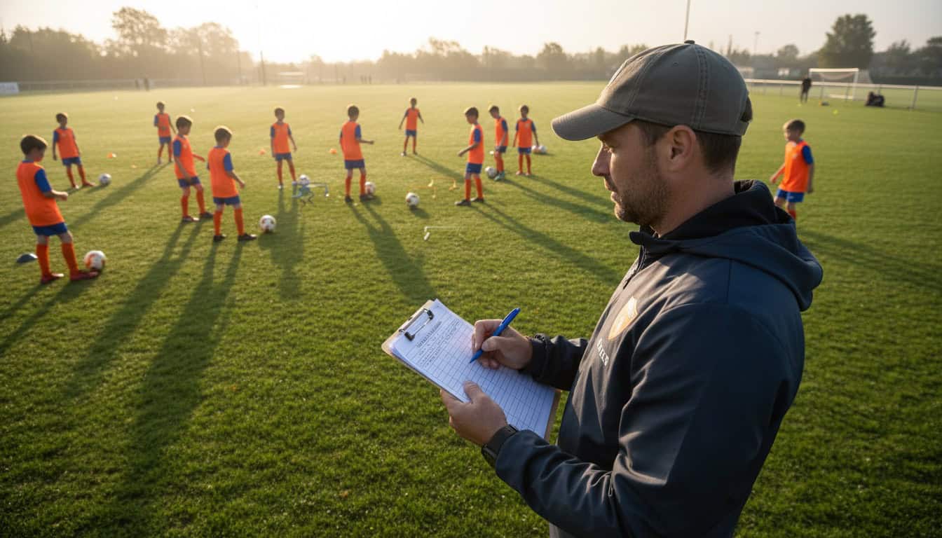 Youth football coach observing training session and making notes on player abilities