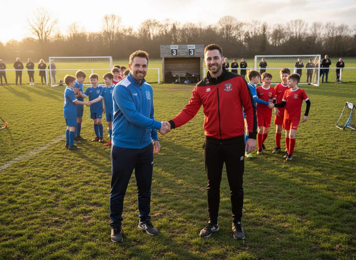 Two team managers shaking hands after a competitive youth match
