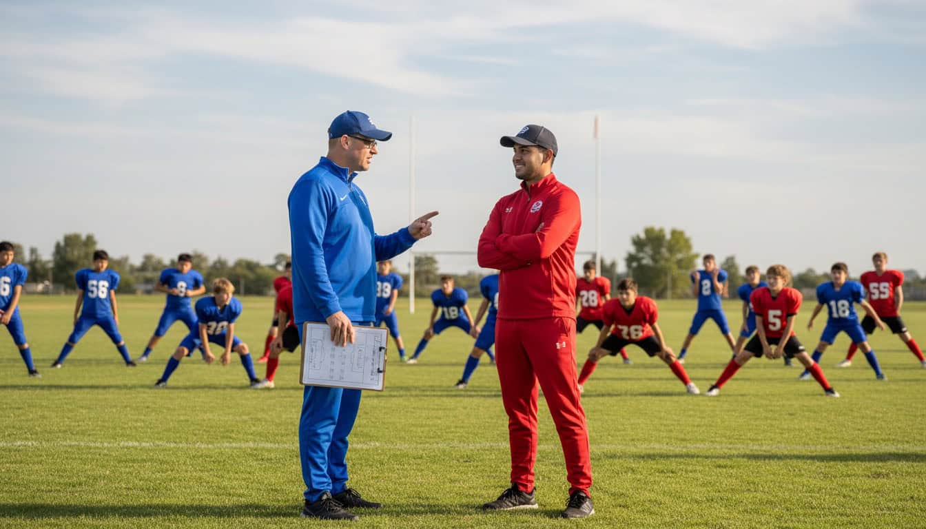 Two youth football coaches discussing match expectations before a game