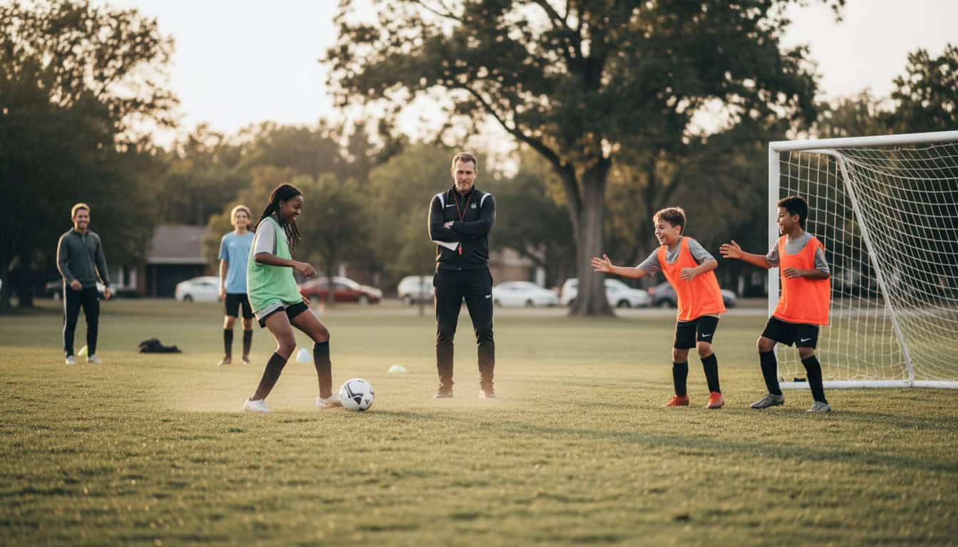 Youth players practicing new positions during friendly match with coach observing