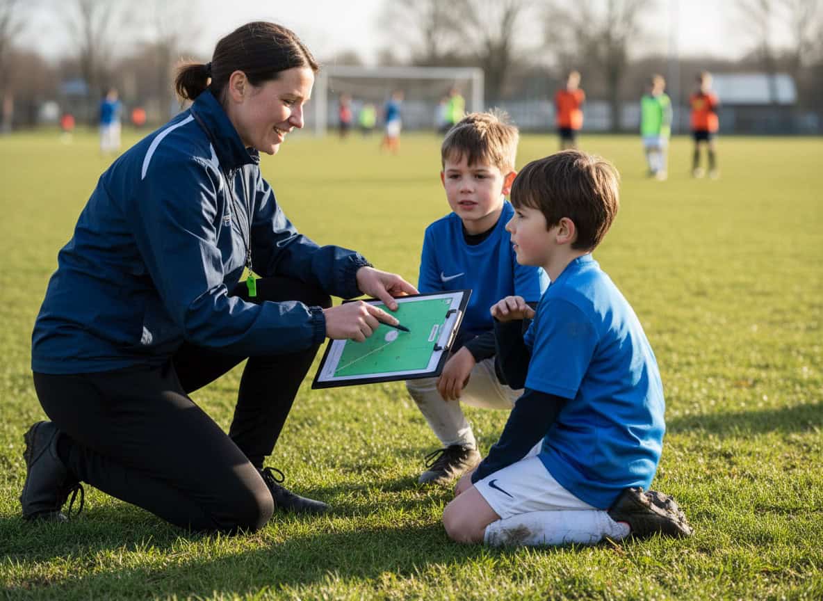 Coach giving tactical feedback to youth player trying new role during friendly