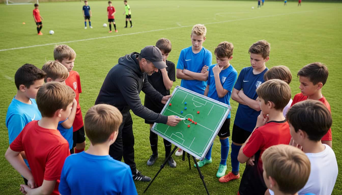 Coach explaining new tactical formation on tactics board to youth team