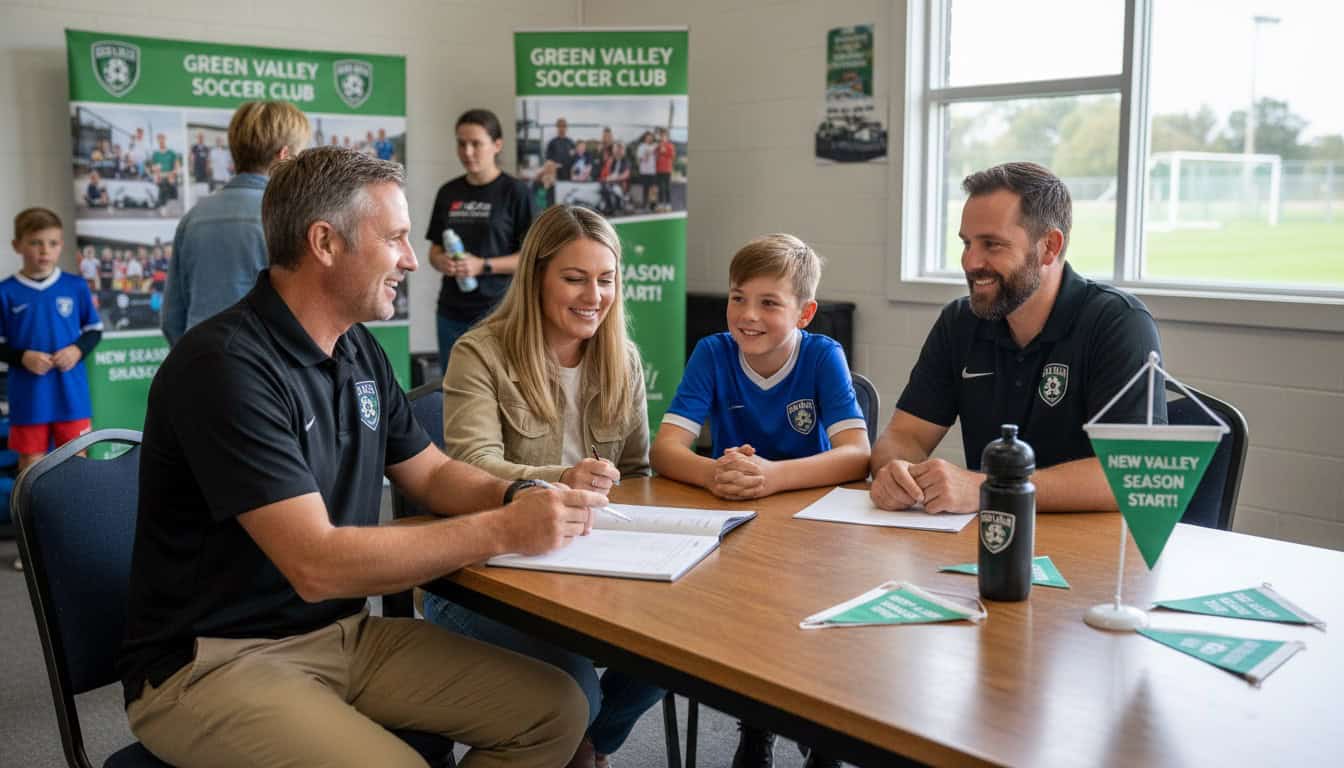 Coach reviewing handbook with new player family during onboarding