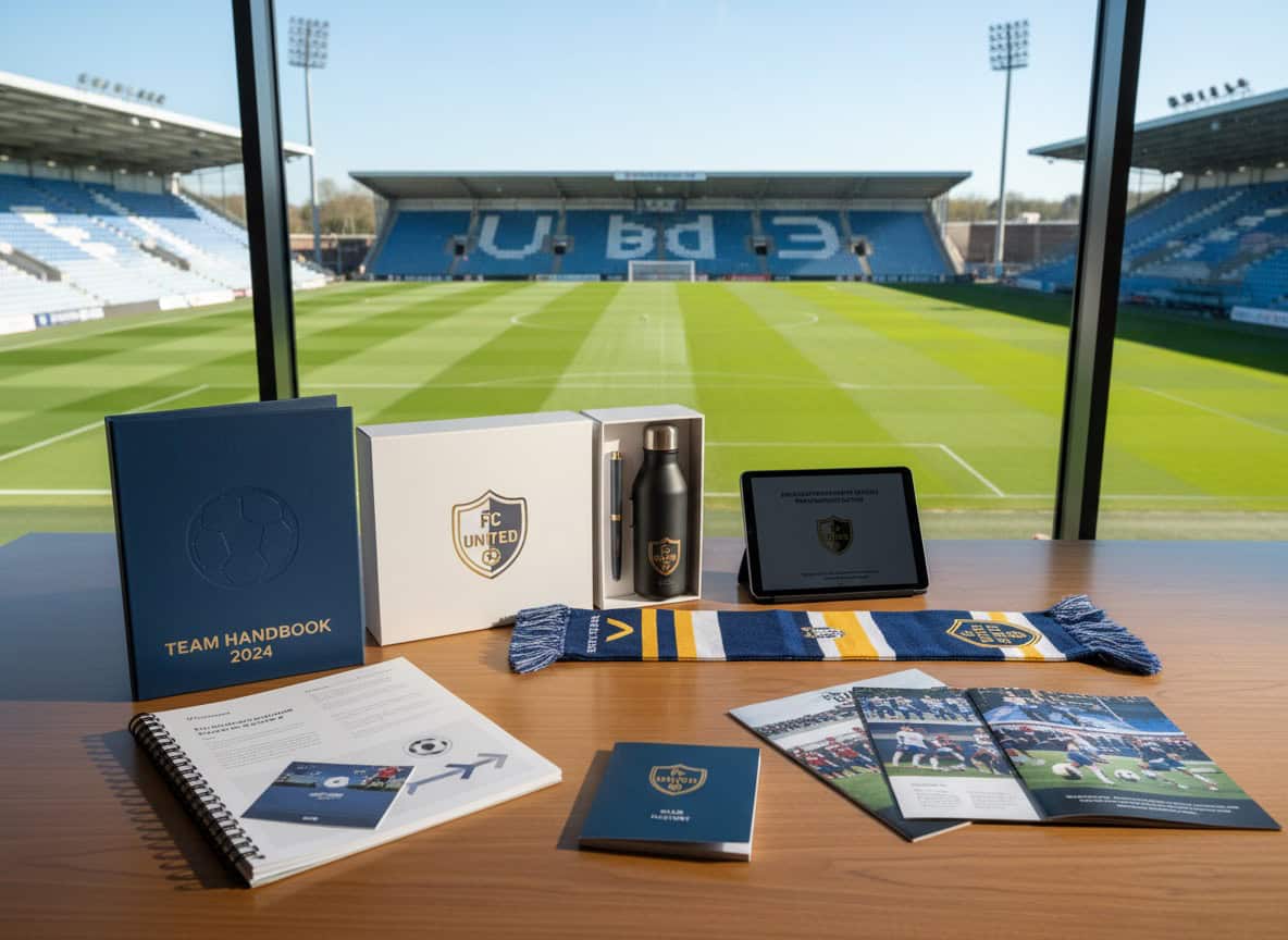 Team handbook and welcome pack materials organized on table