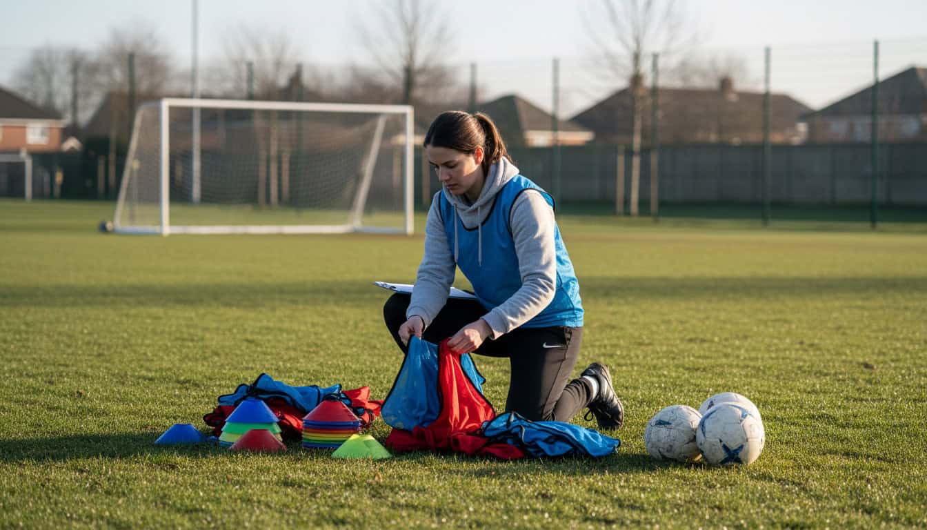 Youth coach organizing equipment and planning session on sideline
