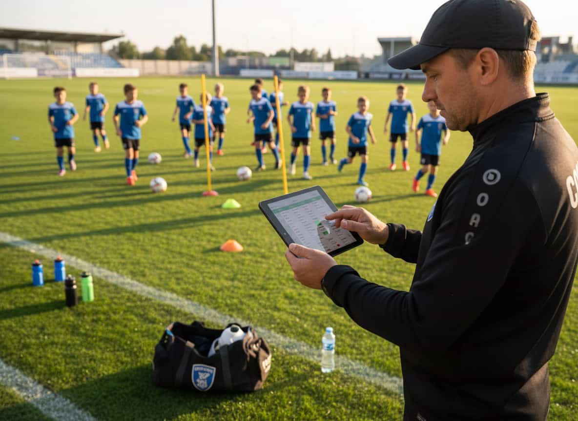 Team manager checking tablet for player availability while youth players warm up