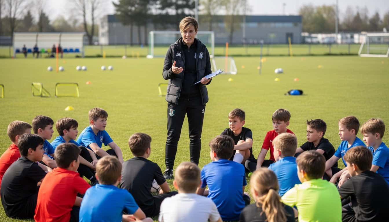 Football team manager addressing youth players on training pitch