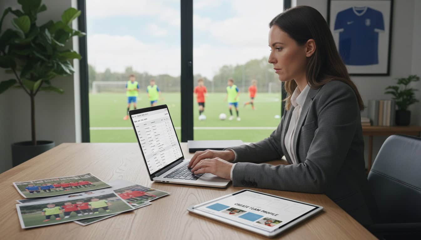Manager updating team information on laptop while reviewing team photos