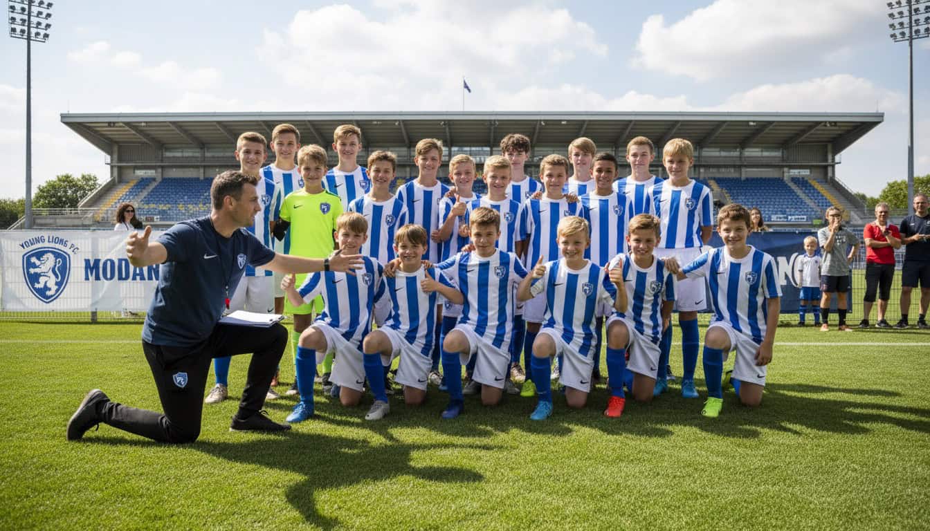 Youth football team posing for professional group photo on grass pitch