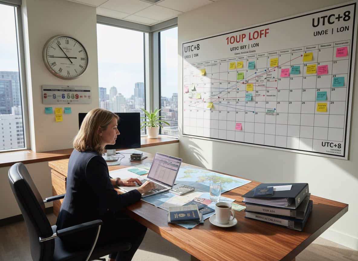 Team manager planning international tour schedule with multiple time zones