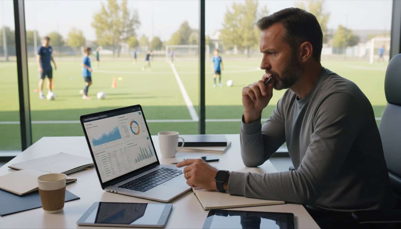 Coach reviewing team statistics and match history on laptop