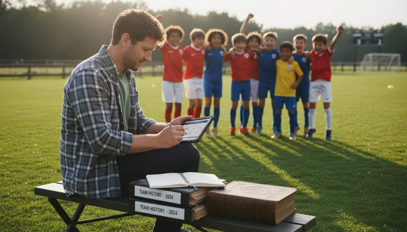 Manager recording match results on tablet after youth friendly with players celebrating in background