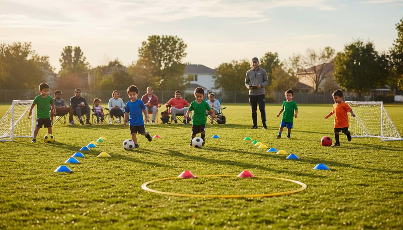 Young children playing fun football games at training