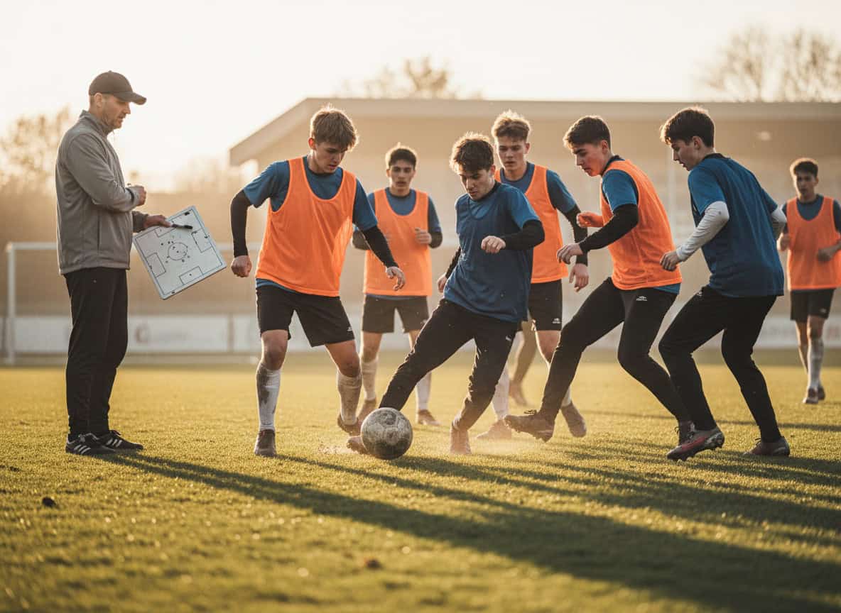 Teenage players in intense training game with coach observing