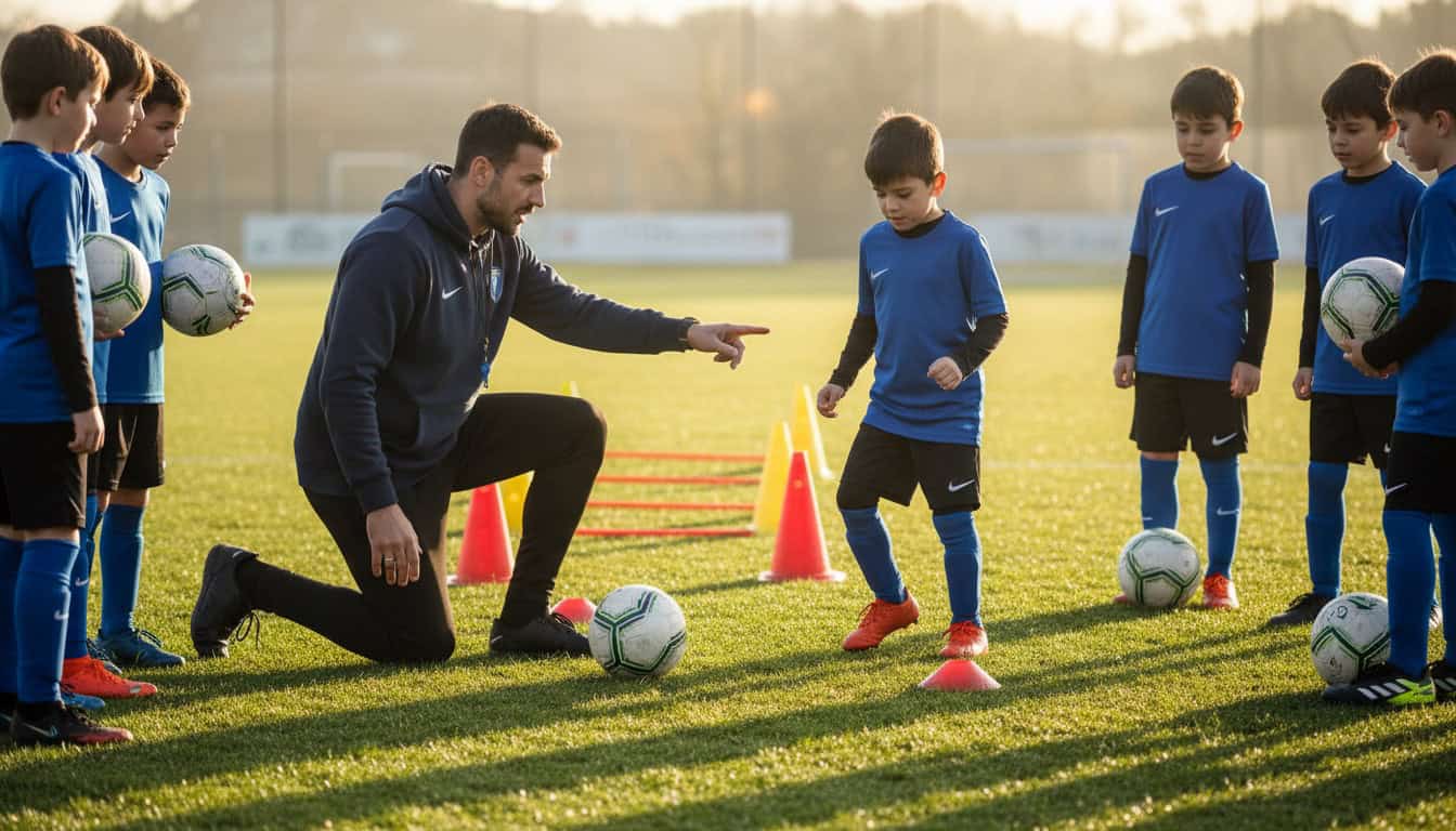 Youth football coach demonstrating technique to young players on training pitch