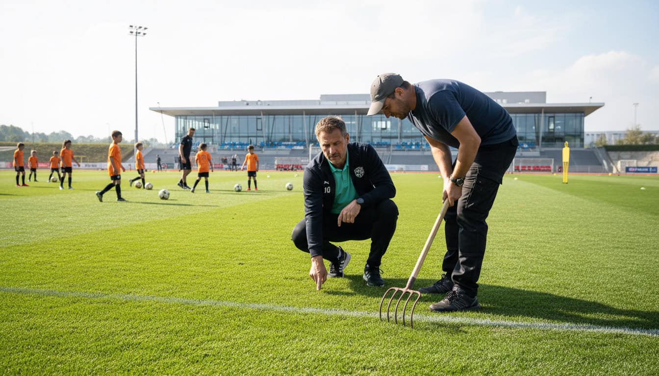 Coach inspecting sports facility pitch with groundskeeper, checking pitch condition