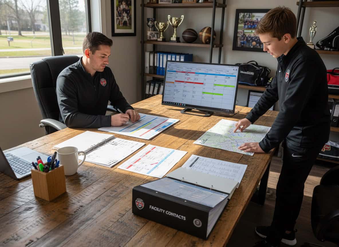 Team manager organizing venue calendar and facility bookings