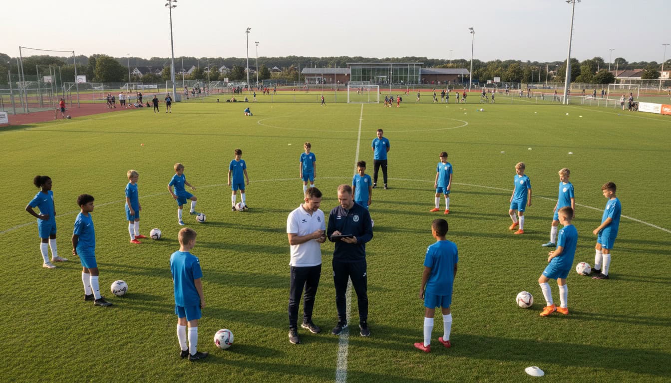Team manager reviewing venue booking with facility manager at outdoor grass pitch with youth players