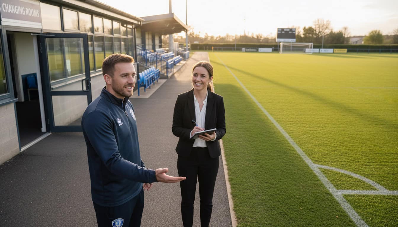 Coach showing visiting team manager around pitch facilities