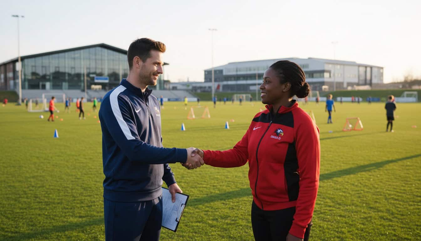 Two youth football coaches meeting and shaking hands for the first time