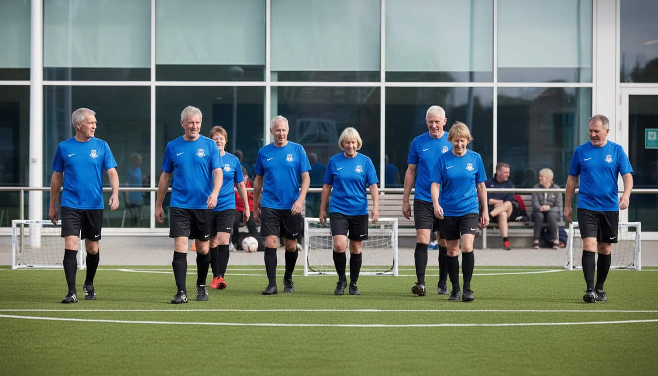 Walking football session with players aged 55-65 on small pitch