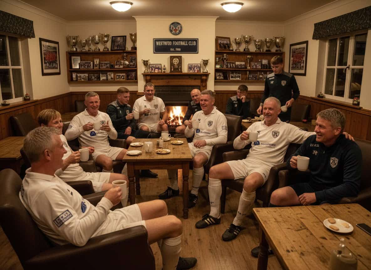 Veterans football players socializing after match in clubhouse