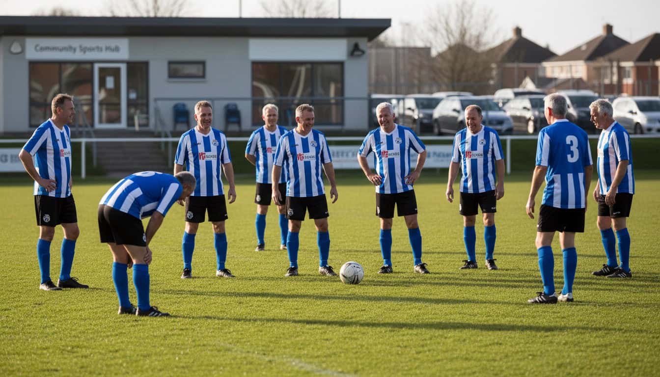 Veterans football team of men aged 45-55 gathered on grass pitch before match