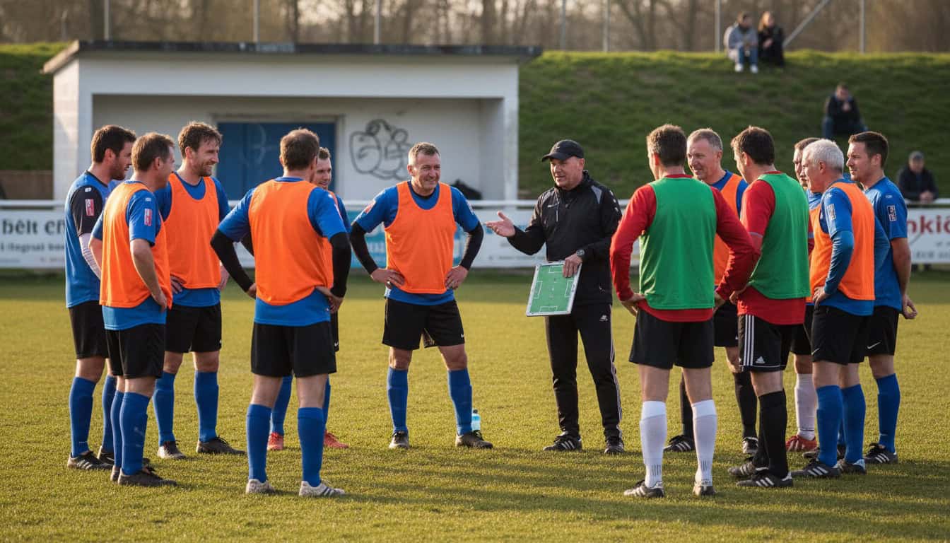 Group of veteran football players in training bibs listening to coach on grass pitch