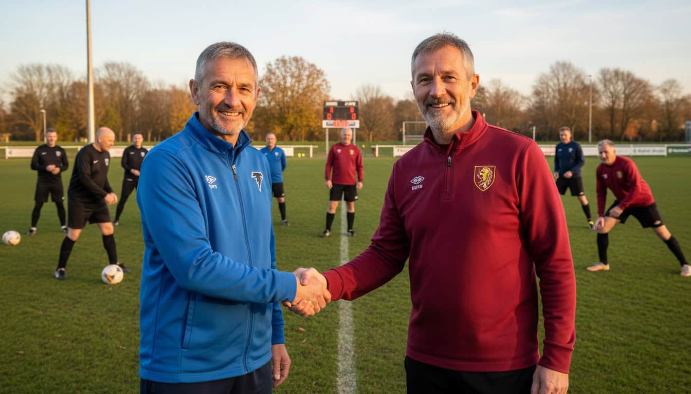 Two veteran football team managers shaking hands before over-35s friendly match