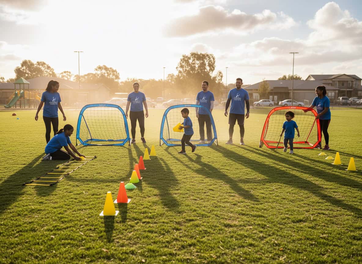 Parent volunteers setting up training equipment together on a grass pitch