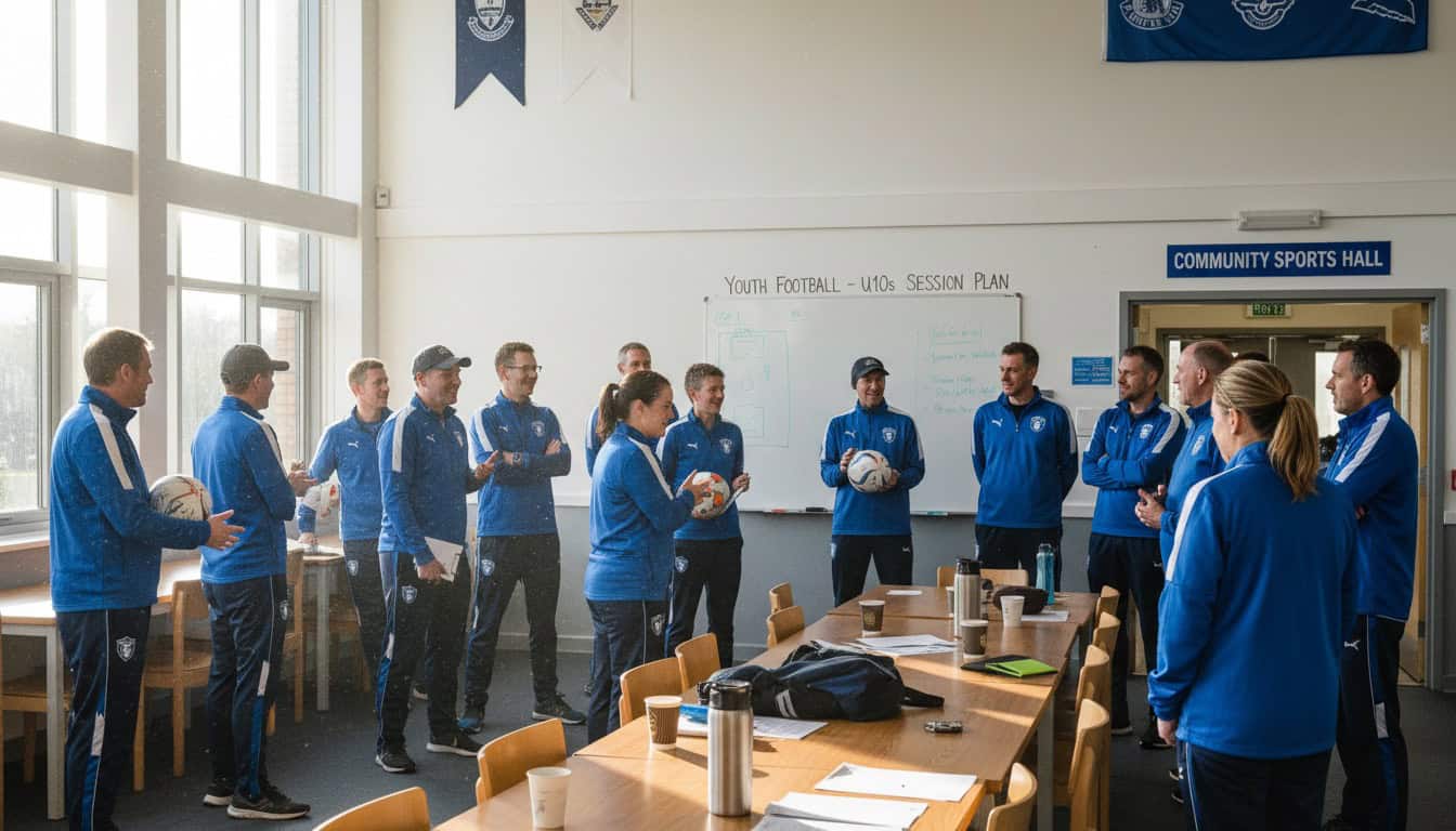 Group of volunteer coaches and parent helpers meeting before youth football session