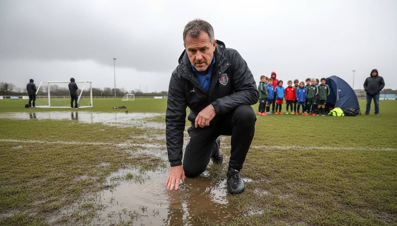 Coach inspecting waterlogged pitch conditions to make safety assessment