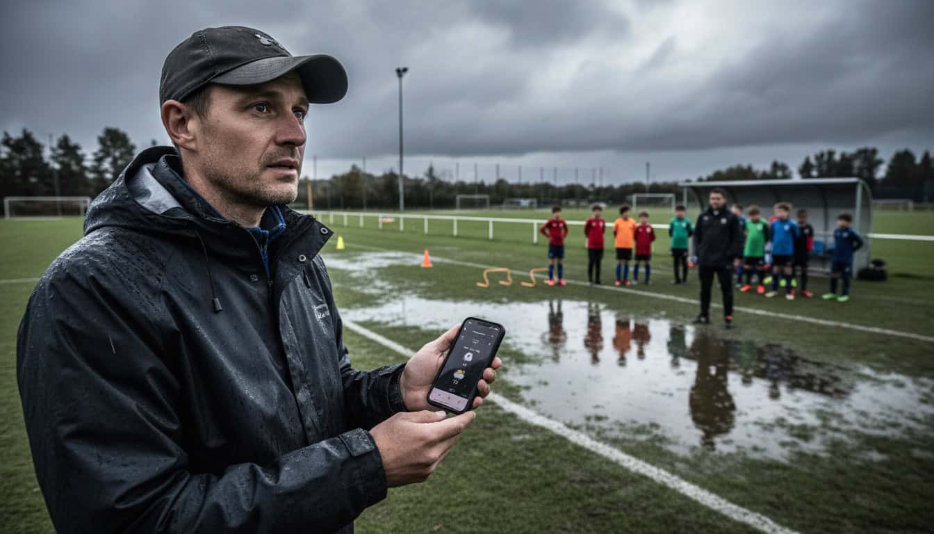 Manager checking weather app on phone while looking at overcast sky with grass pitch visible