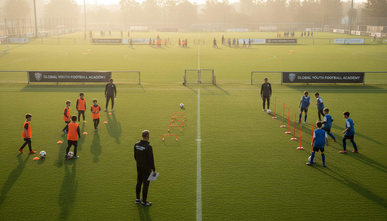 Youth academy training with multiple age groups on grass pitches