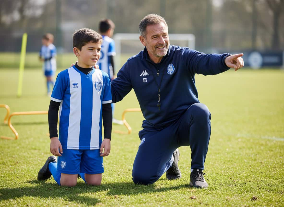 Academy coach giving feedback to young player at eye level