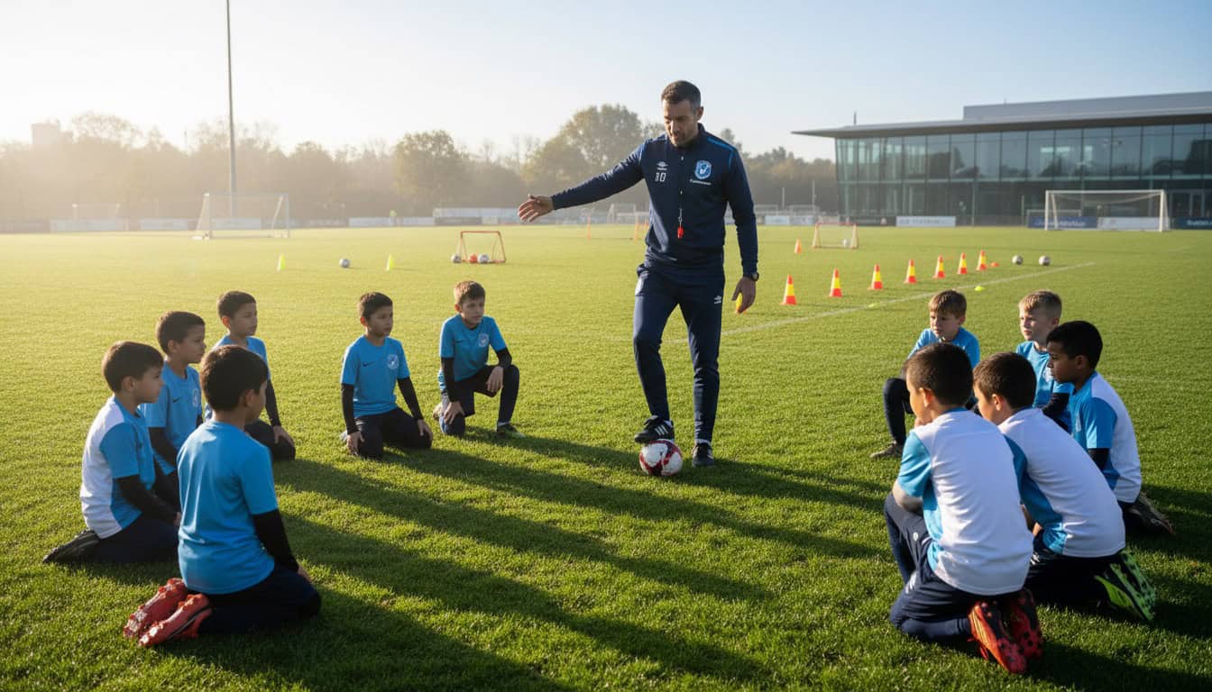 Youth football coach demonstrating technique to young academy players