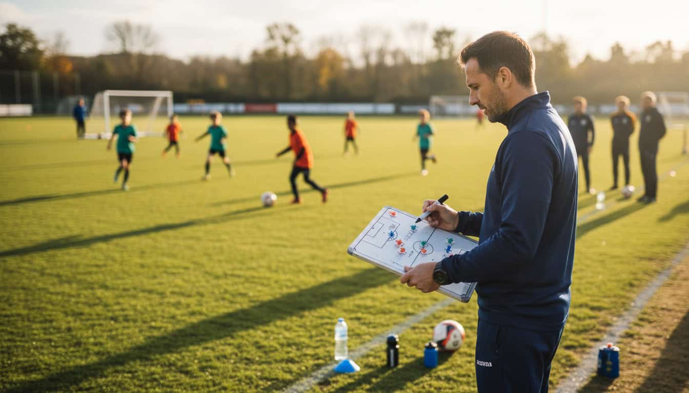 Youth academy coach observing players during competitive friendly match