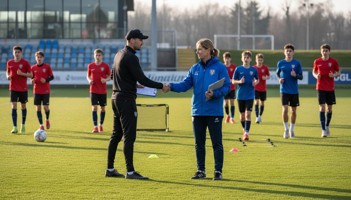 Youth academy coach meeting with opposing team manager before U14 development match