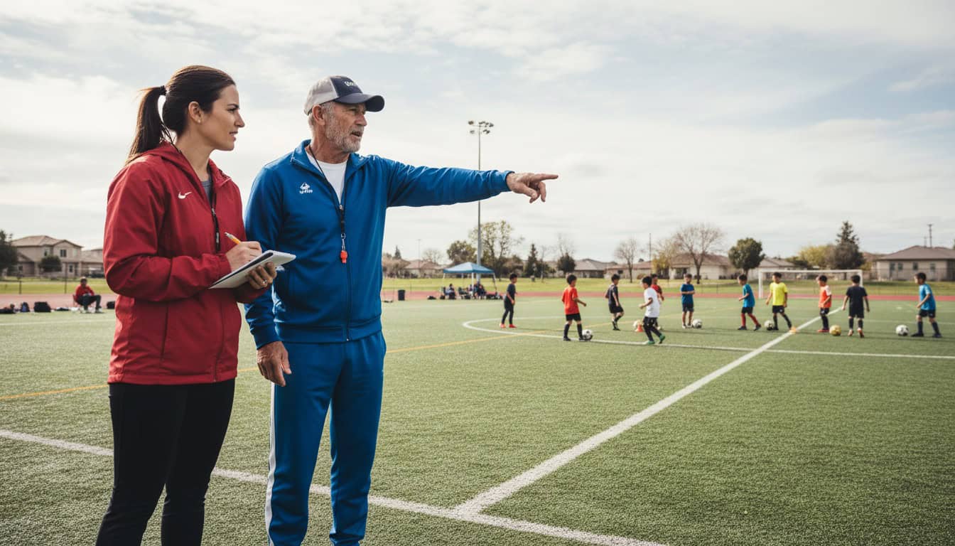 Experienced coach mentoring a new assistant coach during training session