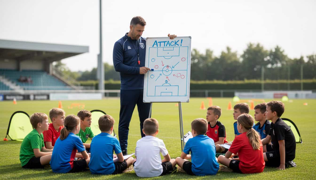 Youth football coach explaining tactics to young players on a training ground
