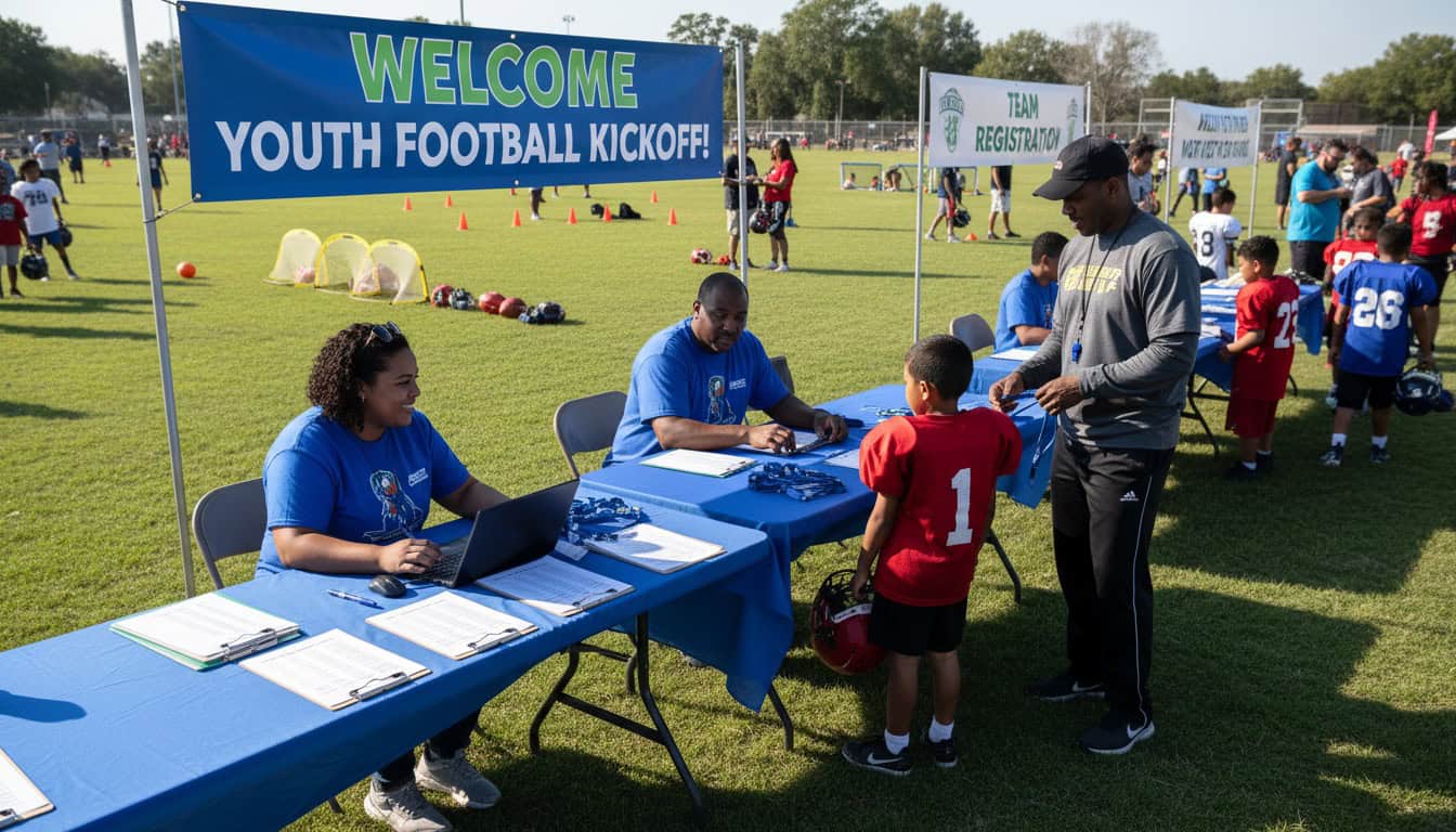 Registration table at youth football event with volunteers checking in teams
