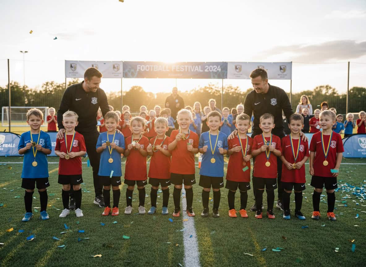 Young football players receiving participation medals at end of festival